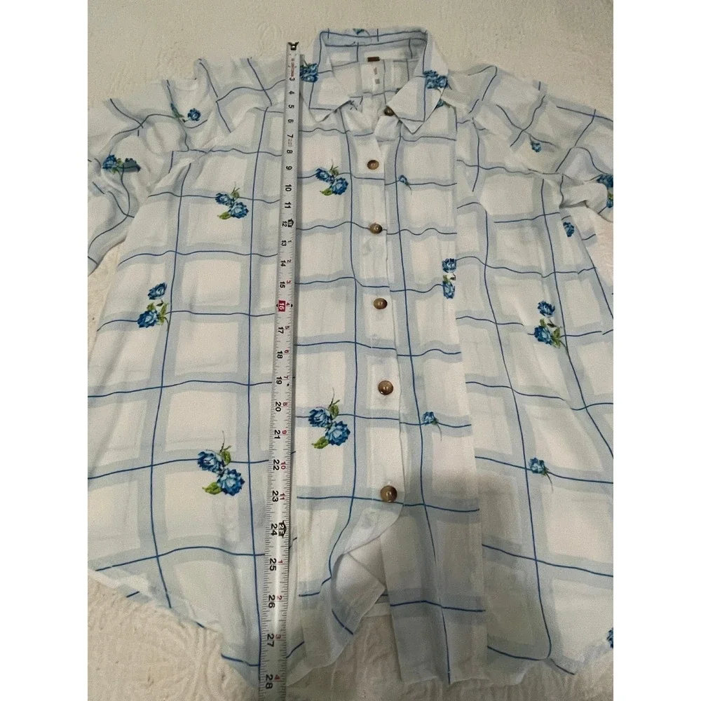 Free People Blue Floral Plaid Button Down Blouse Viscose Long Sleeve Top Large